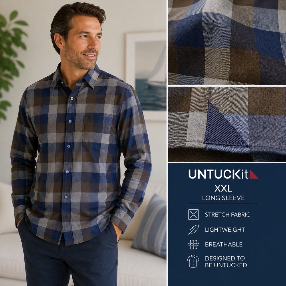UNTUCKit Piemonte Men’s XXL Blue Gray Brown Plaid Button Up Shirt Stretch Oxford